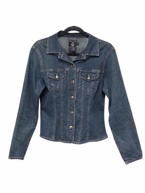 Faconnable Fitted Stretch Denim Jacket Flare Hem Y2K Distressed Wash Blue S